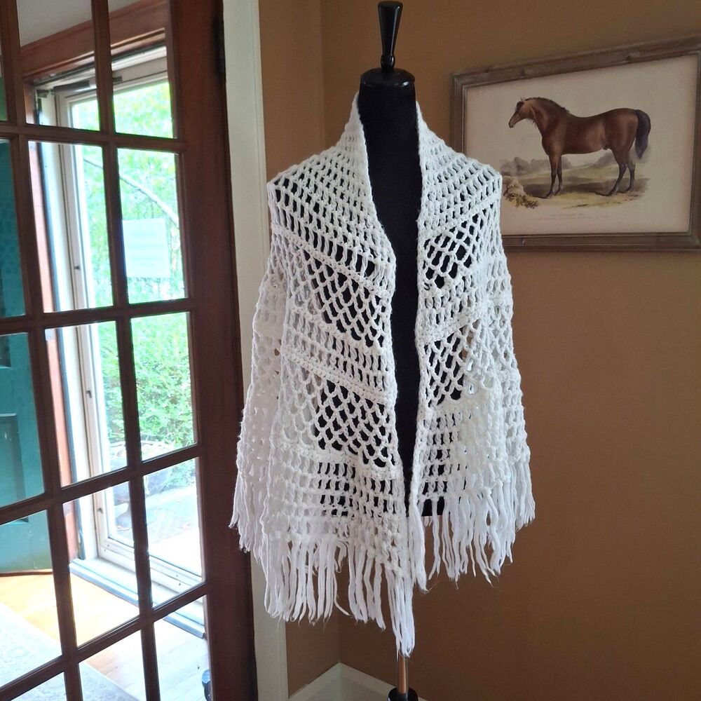 Vintage White Crochet Shawl Wrap – Open Weave – Long Fringe – Boho Hippie